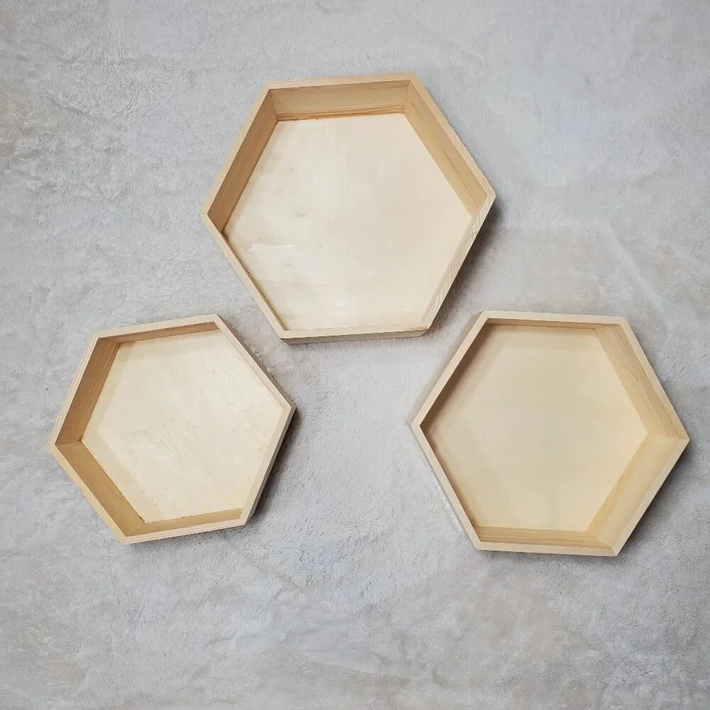 NWT Hexagon Wooden Tray Set Hexagon Wall Shelves Set of 3